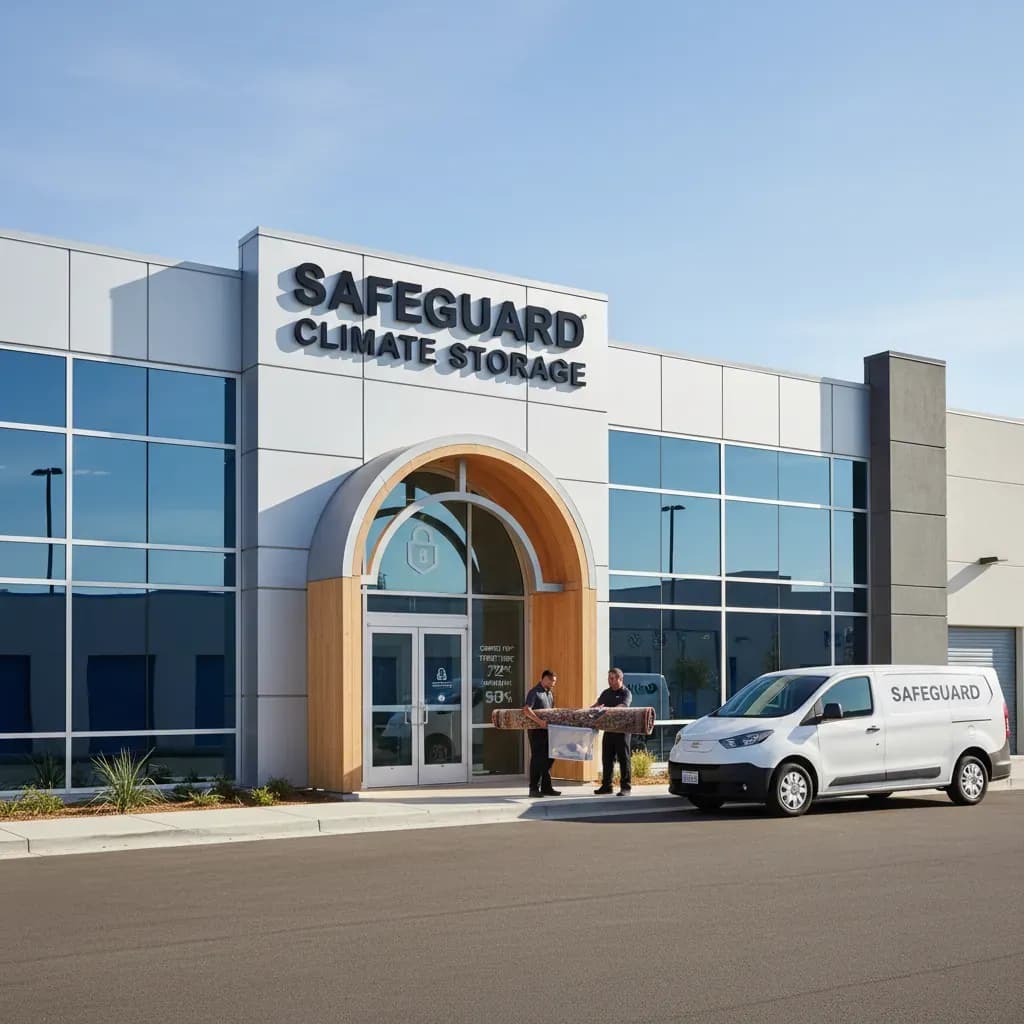 A modern climate-controlled storage facility is shown on a sunny day, highlighting secure and safe storage options.